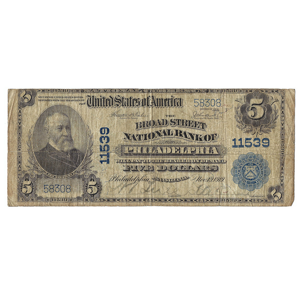 1919 $5 Broad Street National Bank of Philadelphia, PA, Lg Size National Bank Note