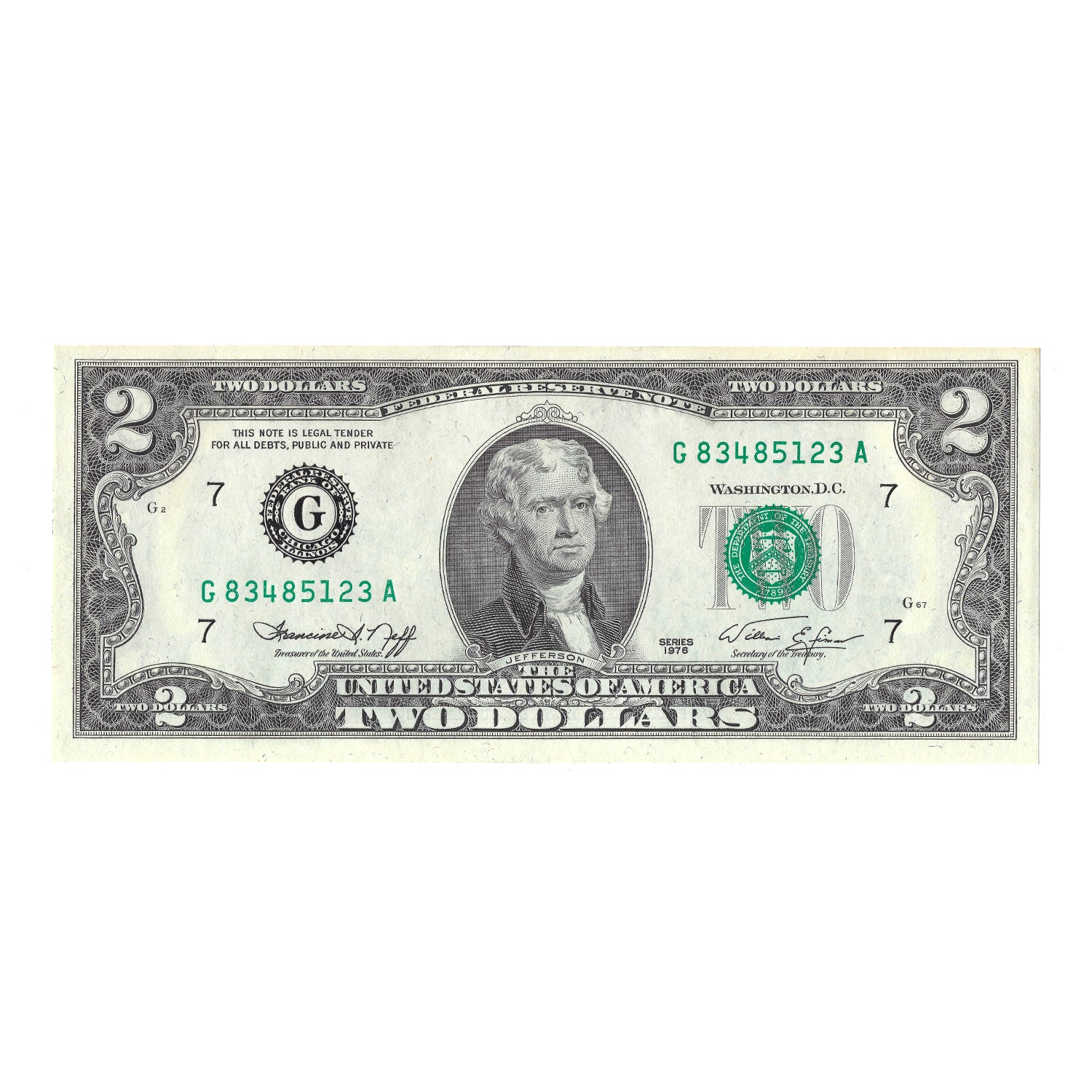 1976 $2 Small Size Federal Reserve Note, Crisp Uncirculated