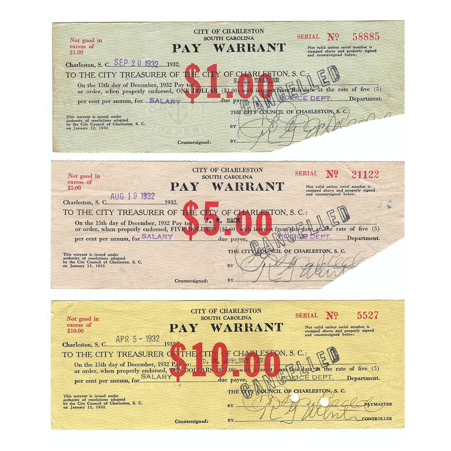 1930's Great Depression Pay Warrants Charleston, SC Set of Three $1, $5, $10