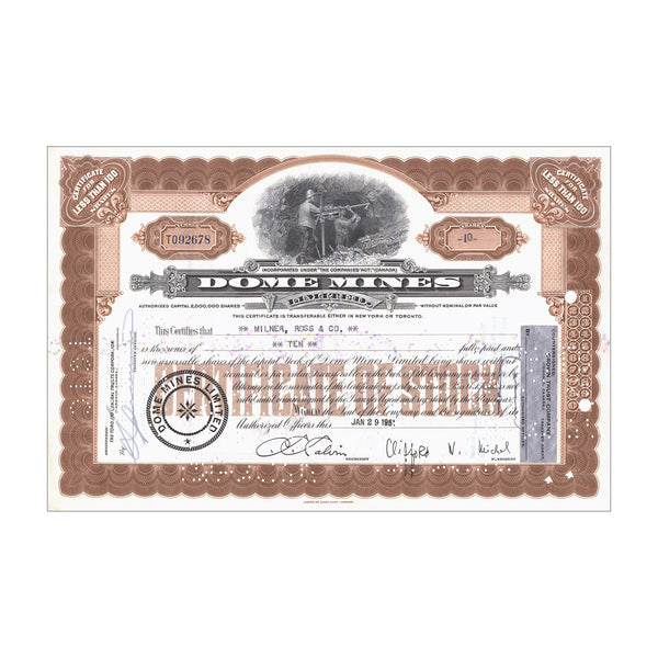 Dome Mines Limited Stock Certificate // 1-99 Shares // Brown // 1930s-50s