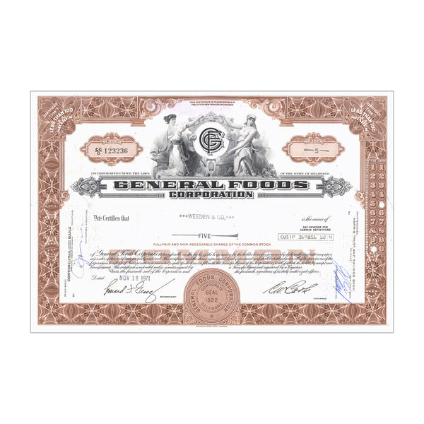 General Foods Corp. Stock Certificate // 101+ Shares // Brown // 1960s-70s
