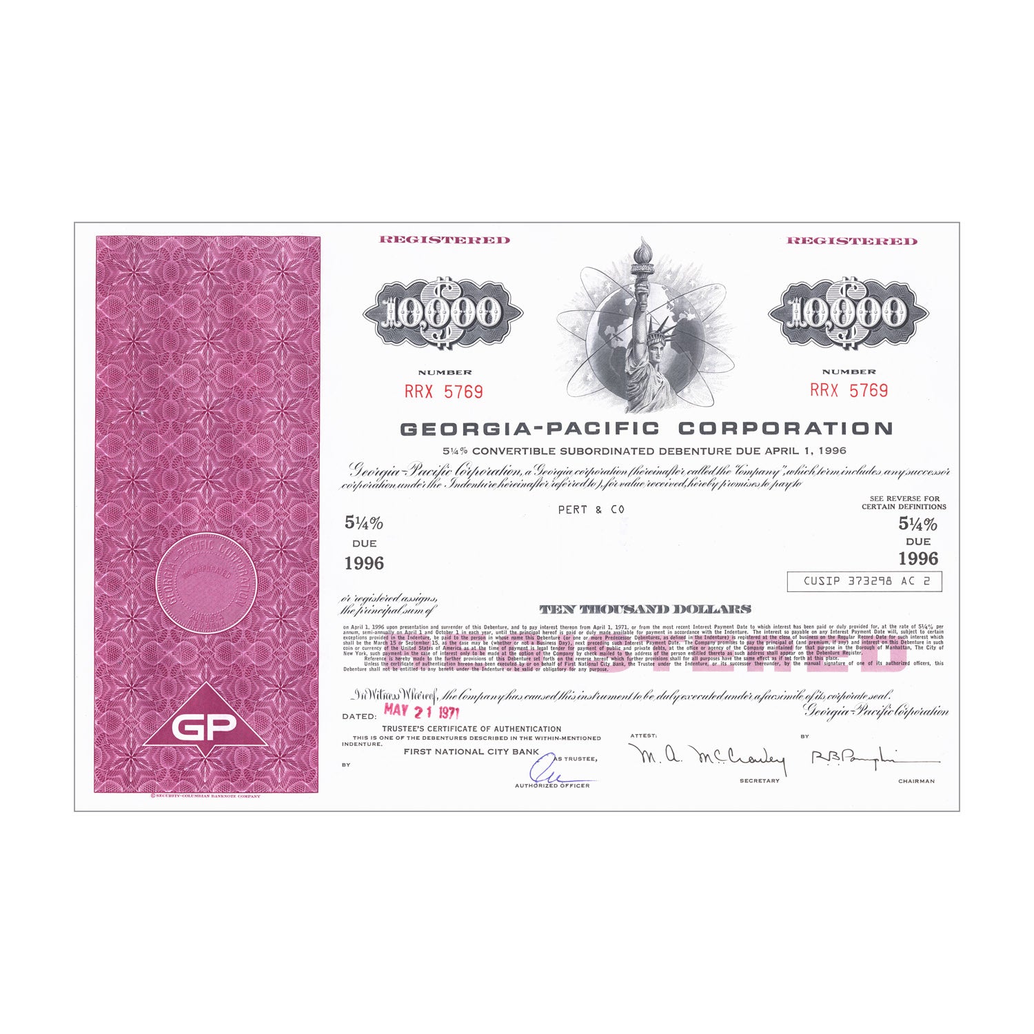 Georgia Pacific Bond Certificate // $10,000 // Pink // 1970s
