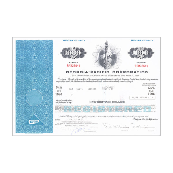 Georgia Pacific Bond Certificate // $1,000 // Blue // 1970s