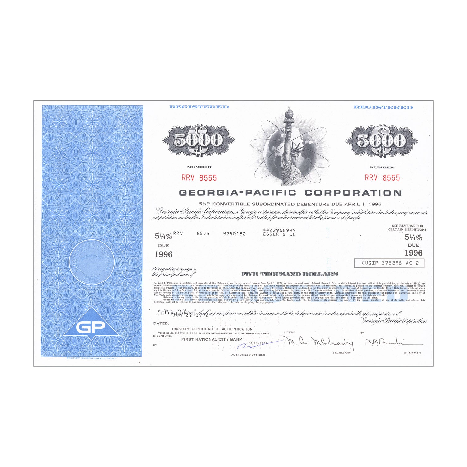 Georgia Pacific Bond Certificate // $5,000 // Light Blue // 1970s