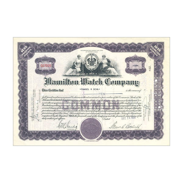 Hamilton Watch Company Stock Certificate // 10 Shares // Gray // 1936