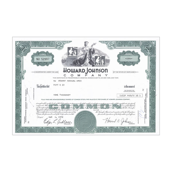 Howard Johnson Co. Stock Certificate // Shares Vary // Green // 1960s-70s