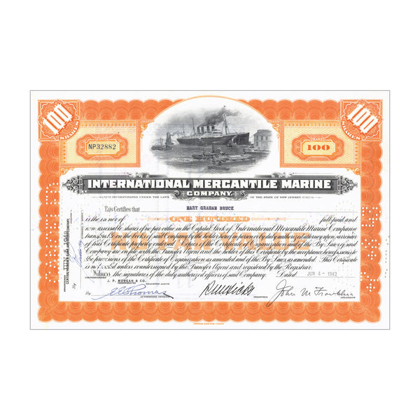 International Mercantile Marine Stock // 100 Shares // Orange // 1920s-40s