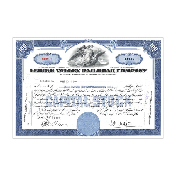 Lehigh Valley Railroad Co. Stock // 100 Shares // Blue // 1930s-50s