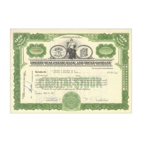 Liberty Real Estate Bank & Trust Company Stock // 1 Share // Green // 1963