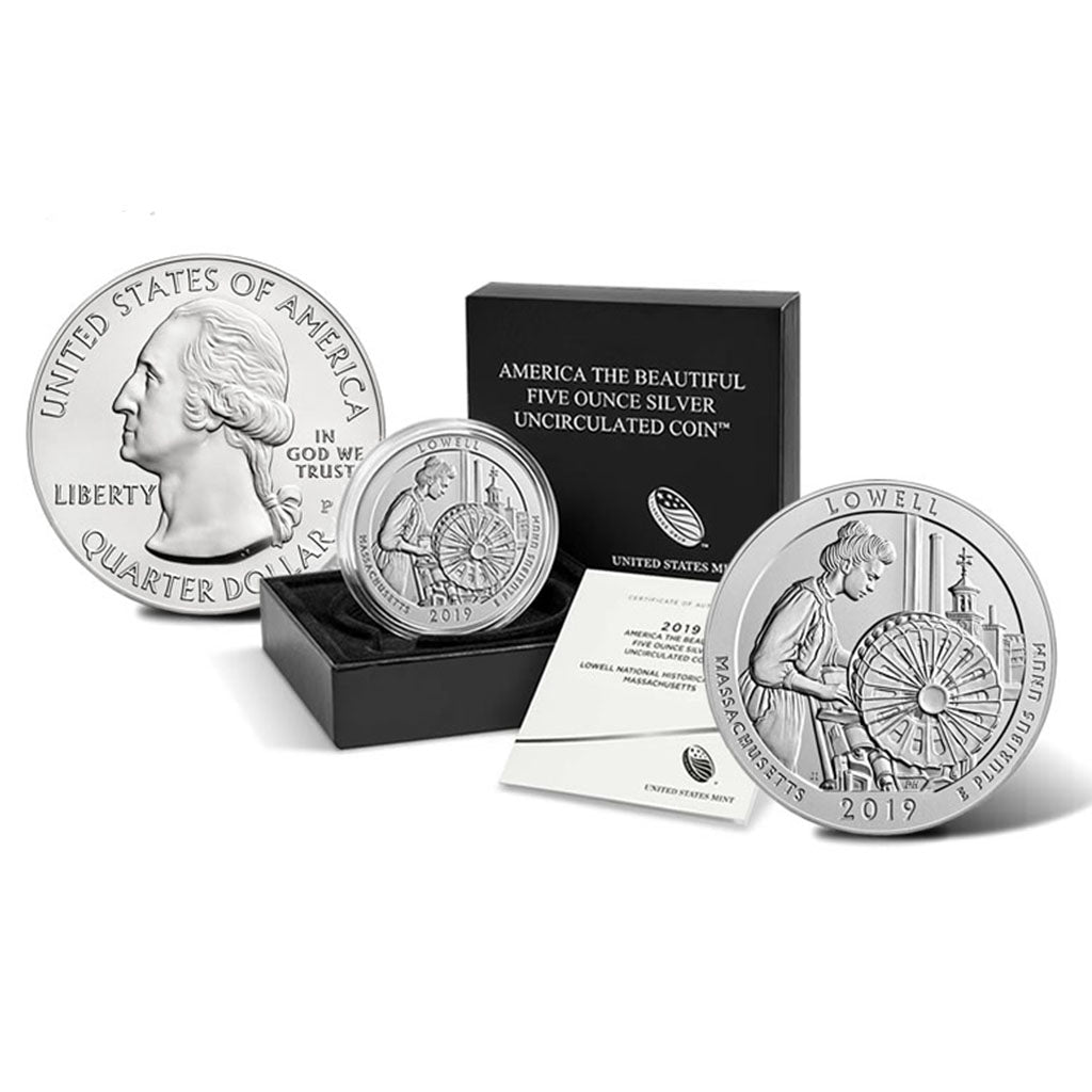 2019-P 5 oz Silver America the Beautiful Quarter, Lowell, (Burnished)