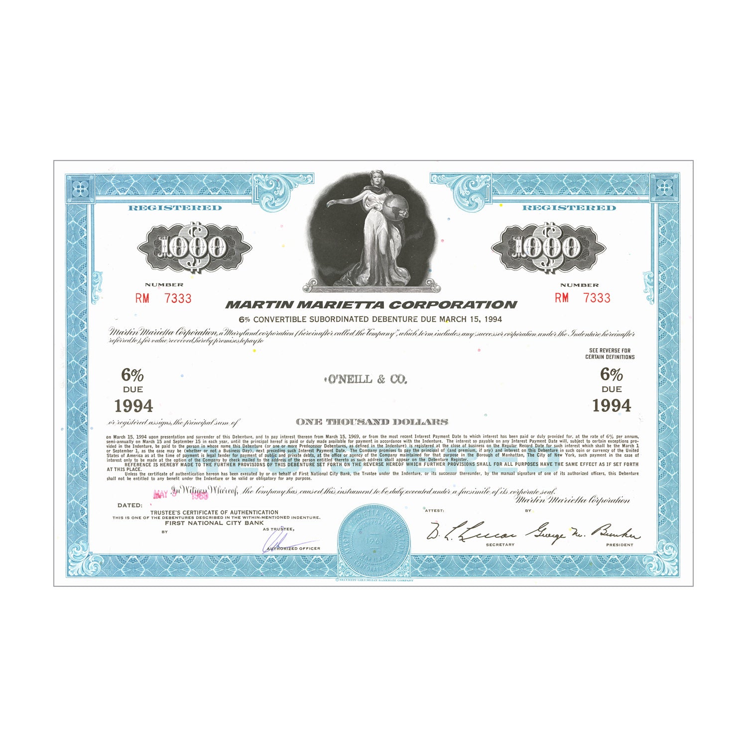 Martin Marietta Corp. Bond Certificate // $1,000 // Blue // 1960s-70s