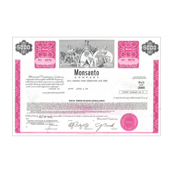 Monsanto Co. Stock Certificate // 5,000 Shares // Pink // 1970s