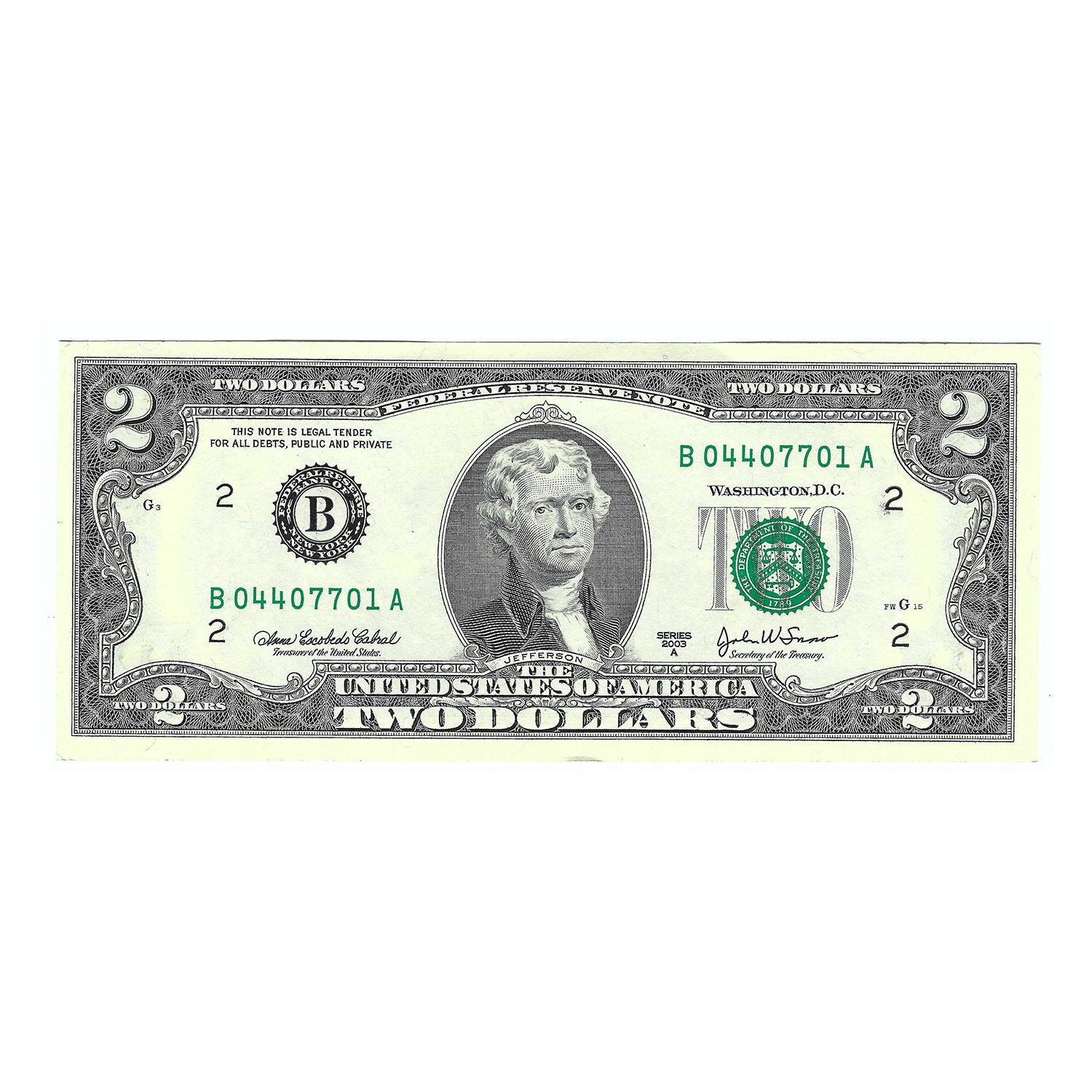 2003A $2 Small Size Federal Reserve Note, New York, Crisp Uncirculated