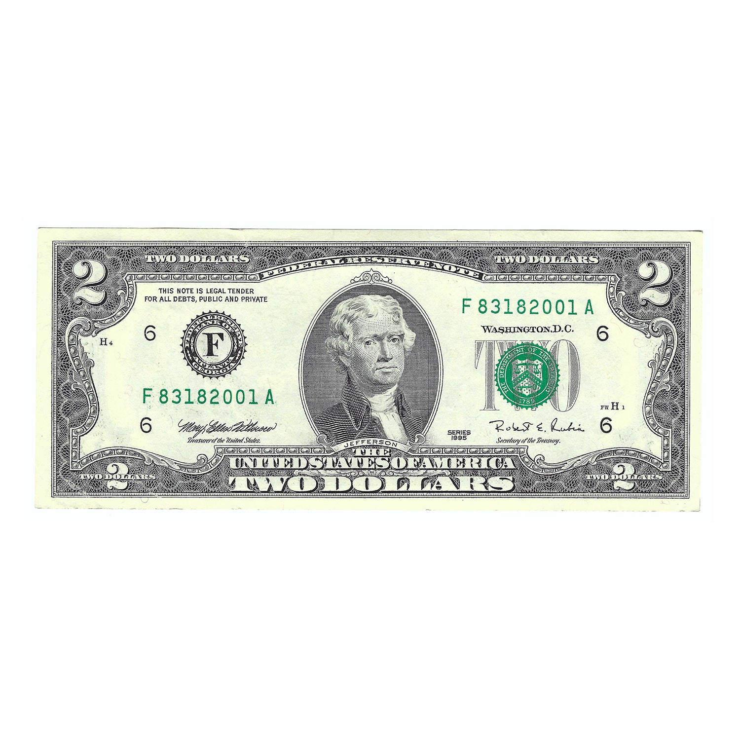 1995 $2 Small Size Federal Reserve Note, Atlanta, Crisp Uncirculated