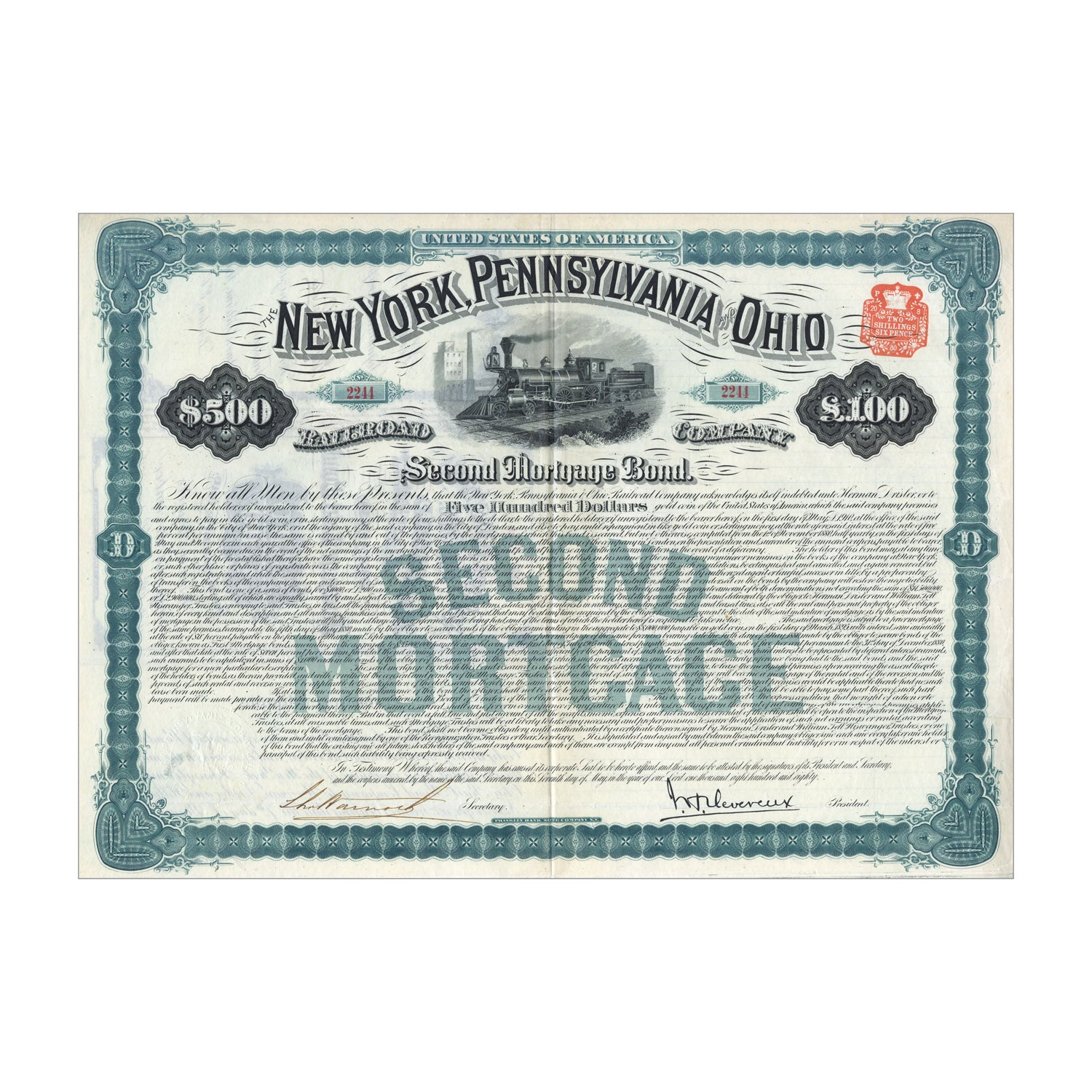 New York, Pennsylvania & Ohio Railroad Company Bond // $500/$100 // Gray // 1880