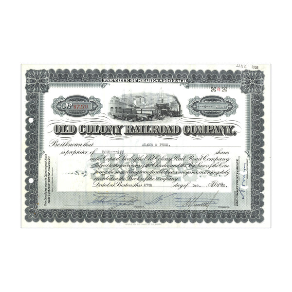 Old Colony Railroad Co. Stock Certificate // Shares Vary // Green // 1910s-40s