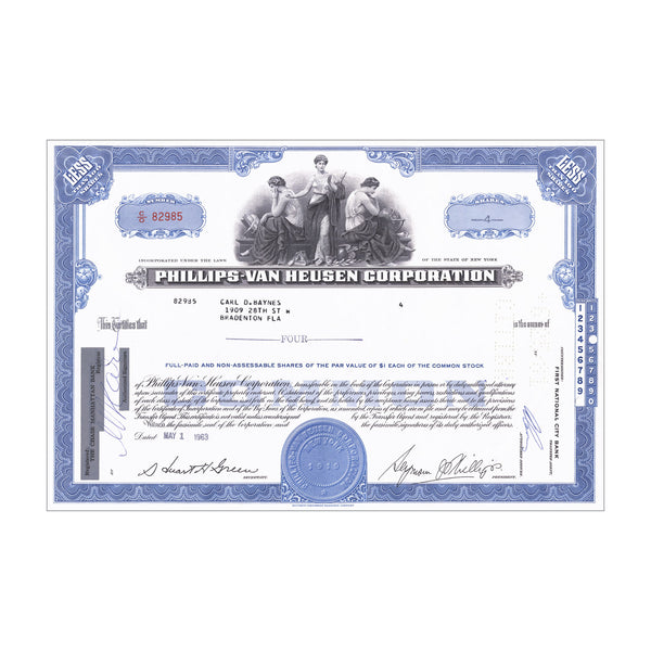 Phillips Van-Huesen Stock Certificate // 1-99 Shares // Blue // 1960s-70s
