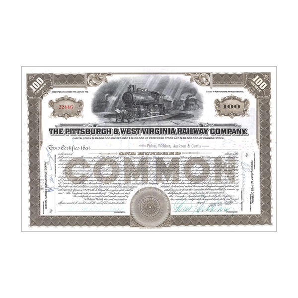 Pittsburgh & West Virginia Railway Co. Stock // 100 Shares // Brown // 1940s-50s