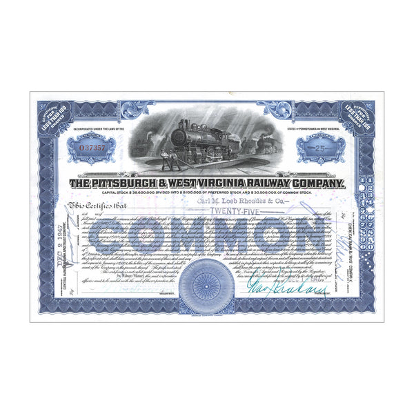 Pittsburgh & West Virginia Railway Co. Stock // 1-99 Shares // Blue // 1940s-50s