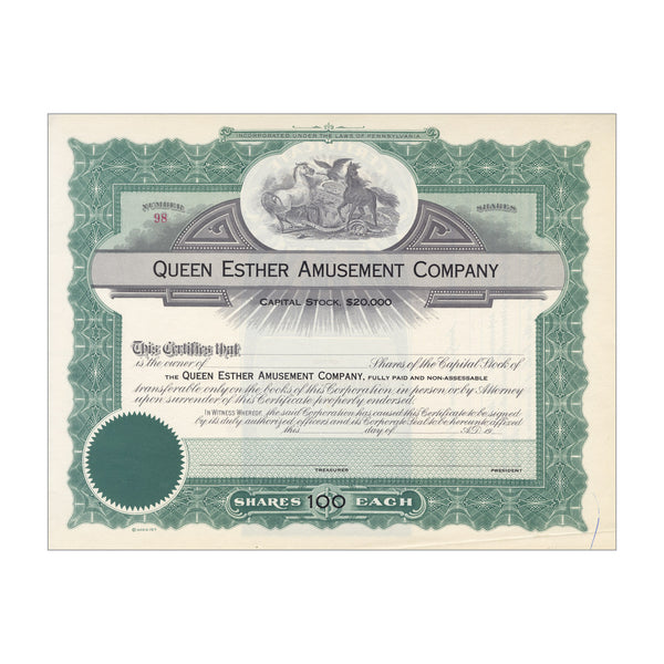 Queen Esther Amusement Company Stock Certificate // Unissued