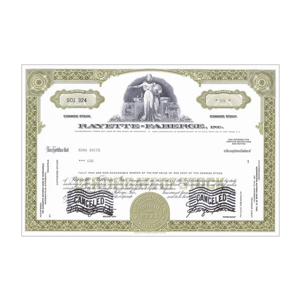 Rayette Faberge Inc. Stock Certificate // Shares Vary // Ochre // 1960s