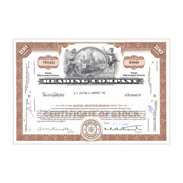 Reading Railroad Co. Stock Certificate // 100 Shares // Brown // 1960s-70s