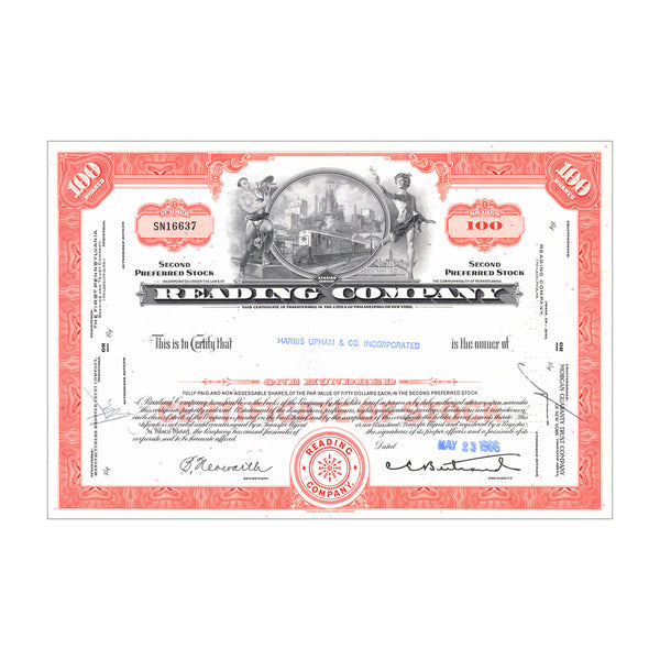 Reading Railroad Co. Stock Certificate // 100 Shares // Red // 1960s-70s
