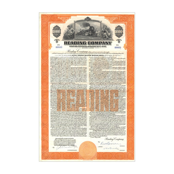 Reading Railroad Co. Bond Certificate // $1,000 Dollars // Orange // 1940s