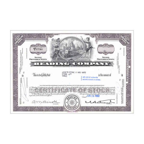 Reading Railroad Co. Stock Certificate // 1-99 Shares // Gray // 1960s-70s
