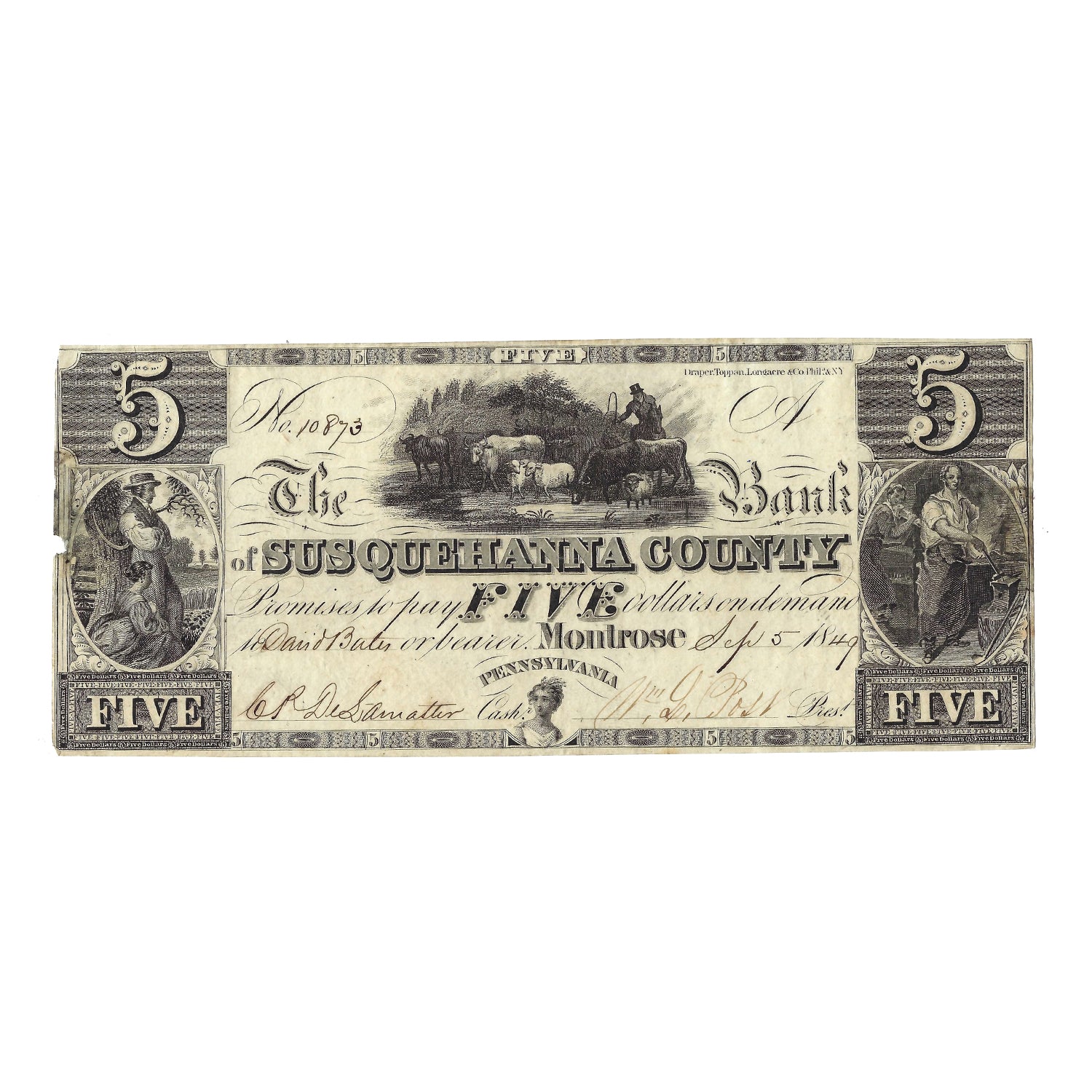 1849 $5 The Bank Of Susquehanna County Montrose, Pennsylvania Obsolete Bank Note