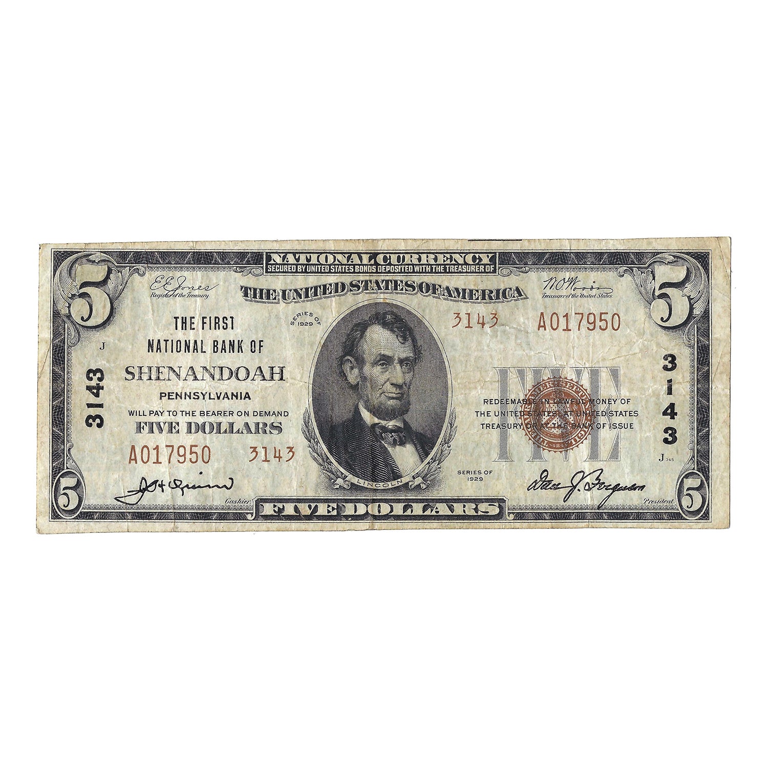 1929 $5 Sm Size National Bank Note, First NB of Shenandoah, PA Circulated