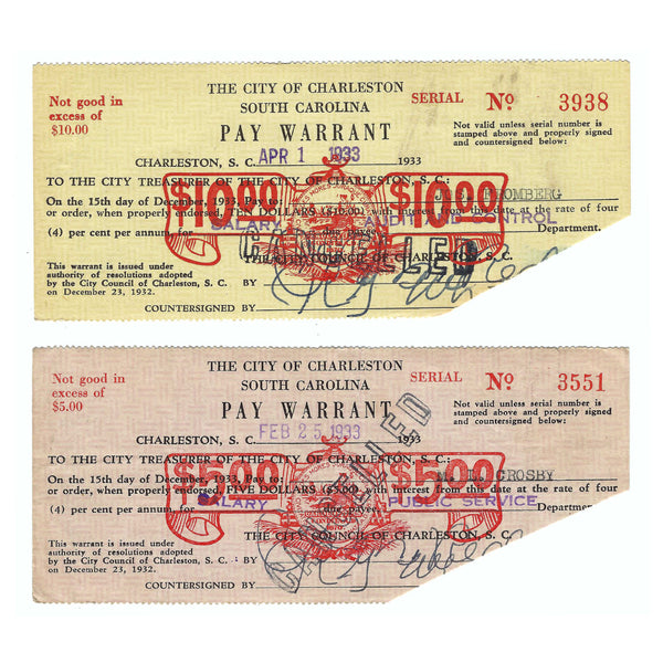 1930's Great Depression Pay Warrants Charleston, SC Set of Two $5 and $10