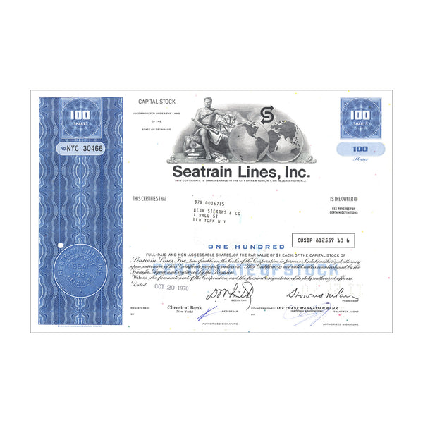 Seatrain Lines Inc. Stock Certificate // 100 Shares // Blue // 1940s-60s