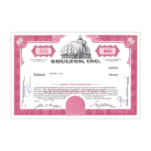 Shulton Inc. Stock Certificate // 100 Shares // Pink // 1960s-70s