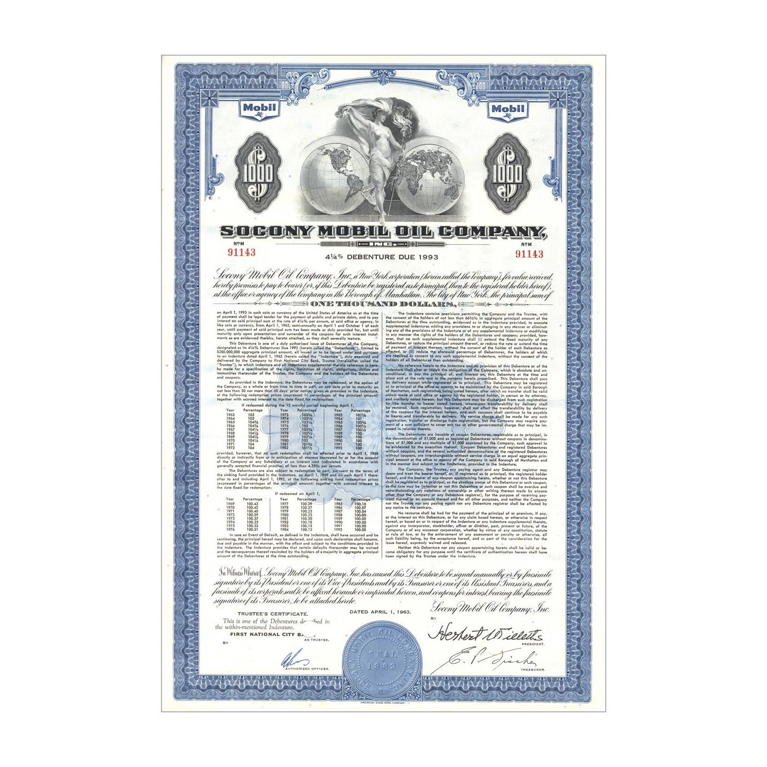 Socony Mobile Oil Co. Bond Certificate // $1,000 // Blue // 1960s