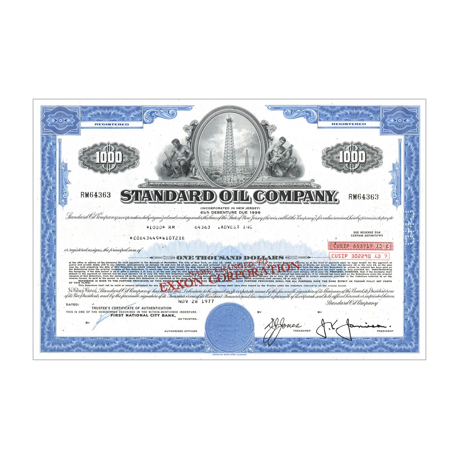 Standard Oil Co. Bond Certificate // $1,000 // Blue // 1970s