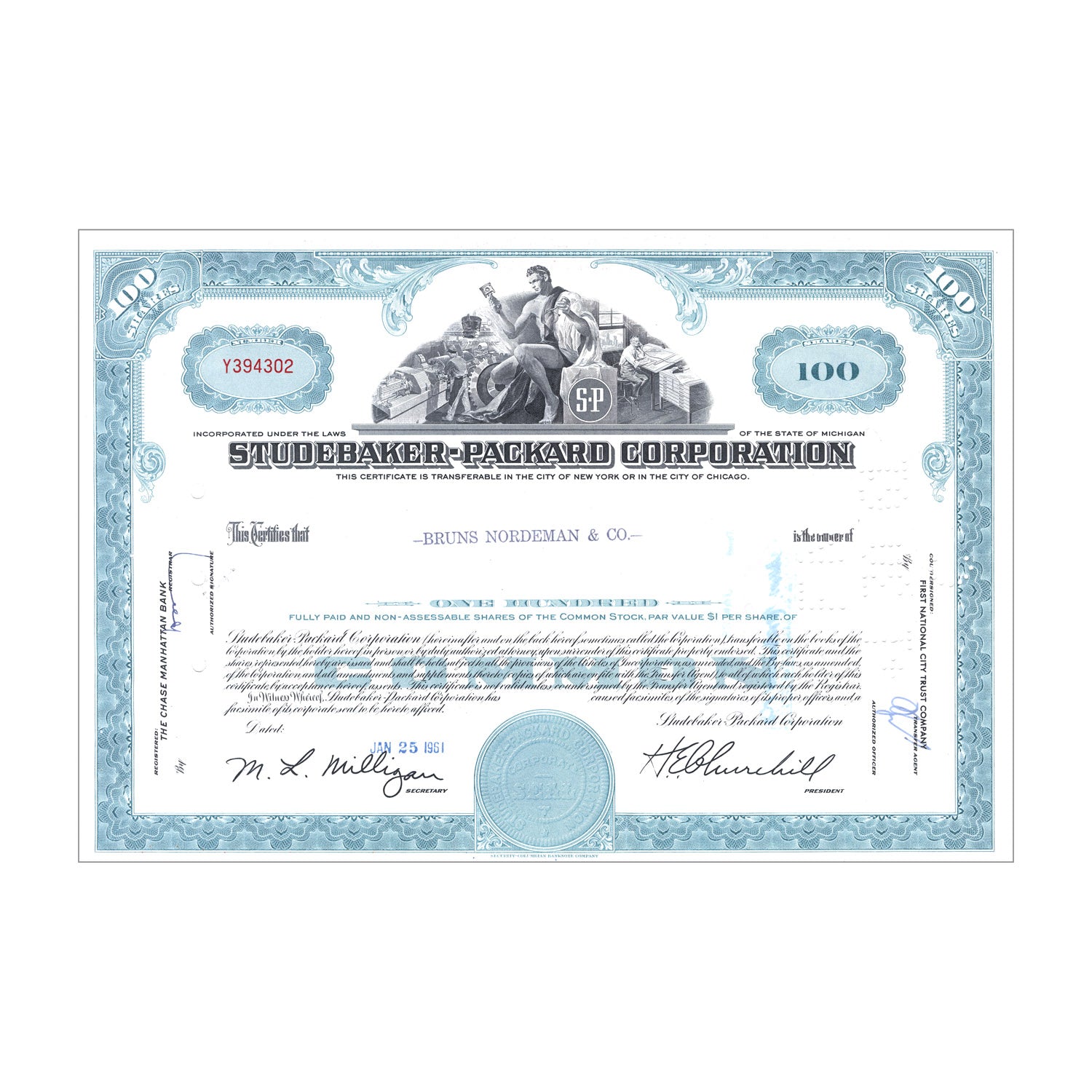 Studebaker-Packard Corp. Stock Certificate // 100 Shares // Blue // 1950s-60s