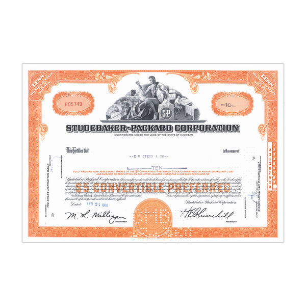 Studebaker-Packard Corp. Stock Certificate // 1-99 Shares // Orange // 1950s-60s