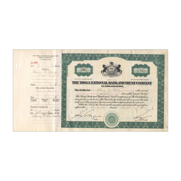 The Tioga National Bank & Trust Company Stock // 30 Shares // Green // 1929