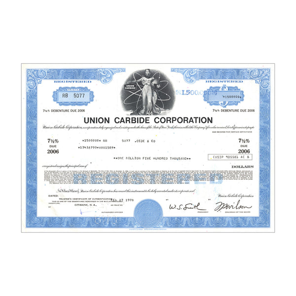 Union Carbide Corp. Bond Certificate // Value Varies // Blue // 1970s