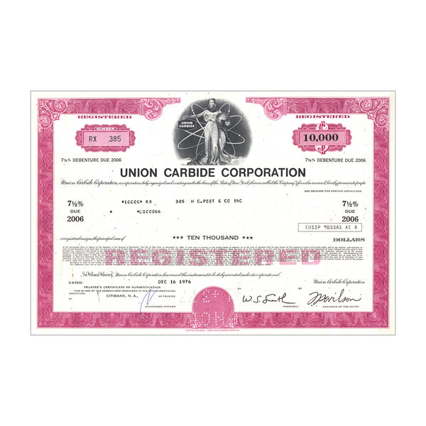 Union Carbide Corp. Bond Certificate // $10,000 // Pink // 1970s