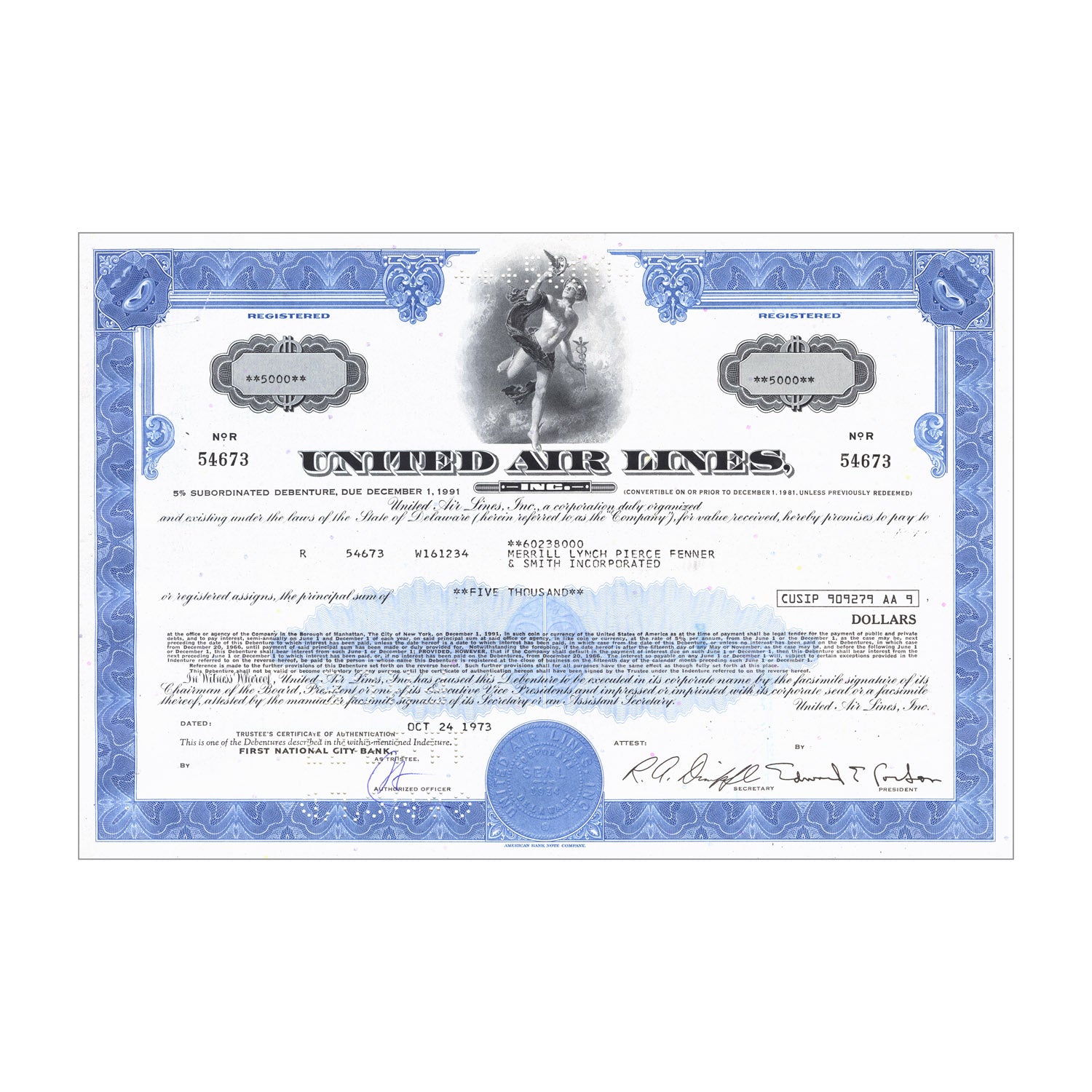 United Airlines Inc. Stock Certificate // Shares Vary // Blue // 1970s
