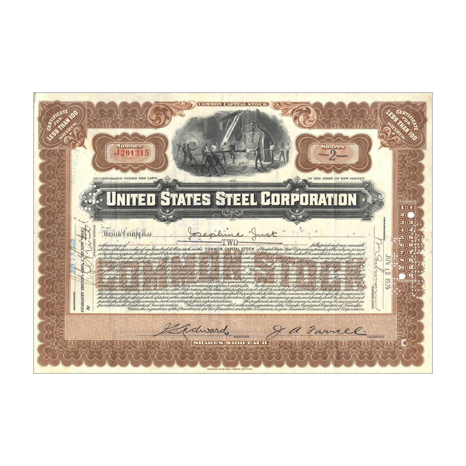 United States Steel Corp. Stock Certificate // 1-99 Shares // Red // 1940s