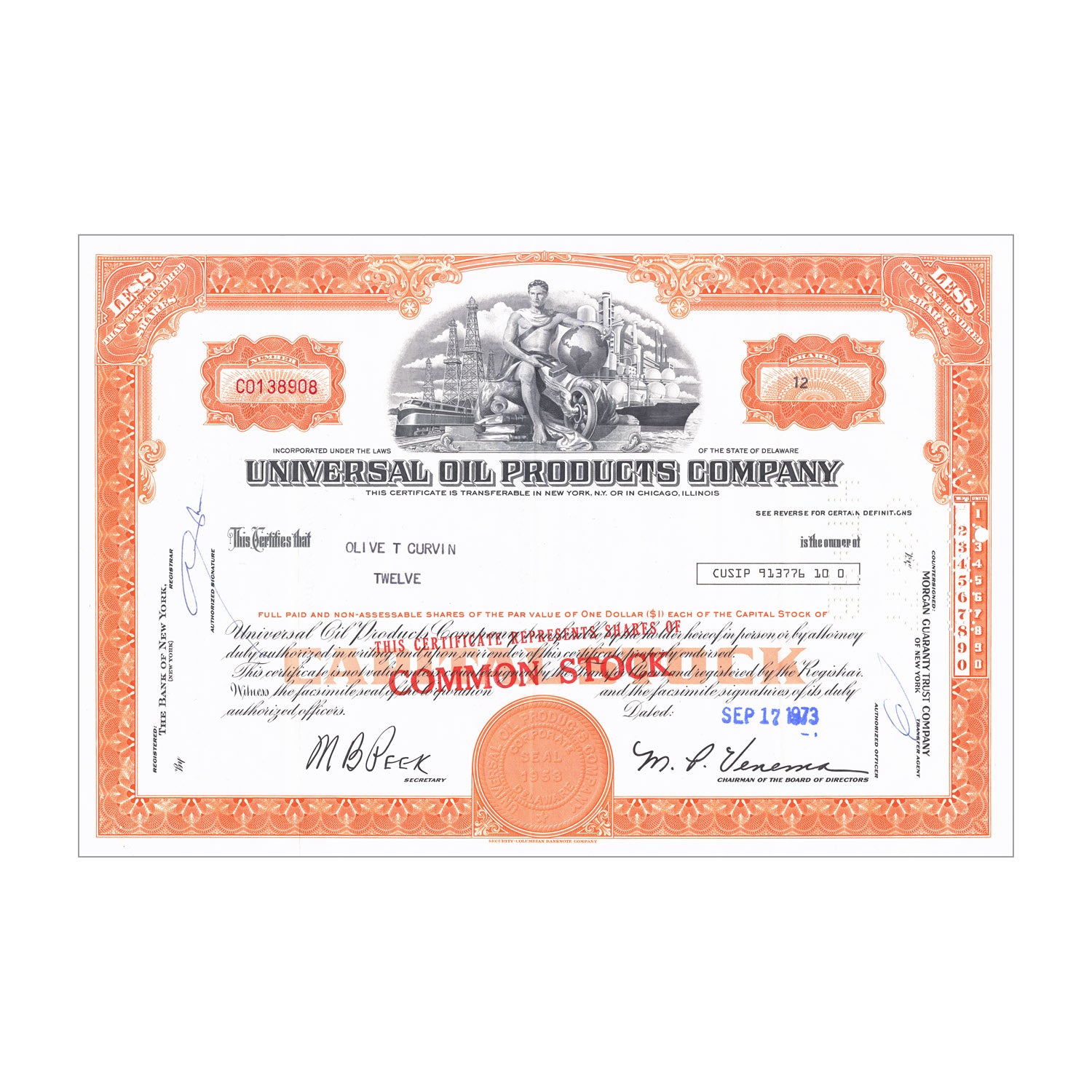 Universal Oil Products Co. Stock // 100,000 Shares // Orange // 1950s-70s
