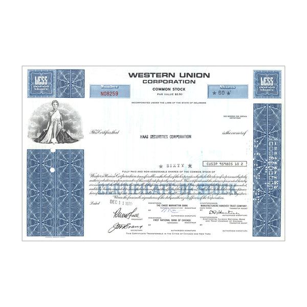 Western Union Stock Certificate // 1-99 Shares // Blue // 1970s