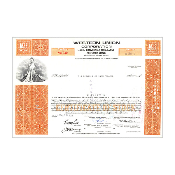 Western Union Stock Certificate // 1-99 Shares // Orange // 1970s