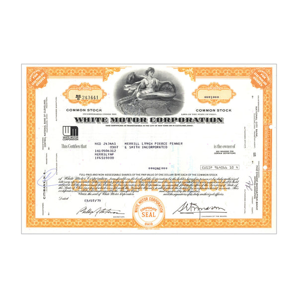 White Motor Co. Stock Certificate // 1-99 Shares // Orange // 1960s-80s