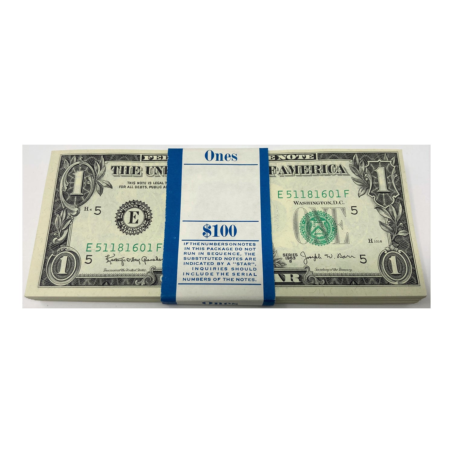 1963-B $1 Small Size Federal Reserve Note BEP Pack, Granahan-Barr, Crisp Uncirculated