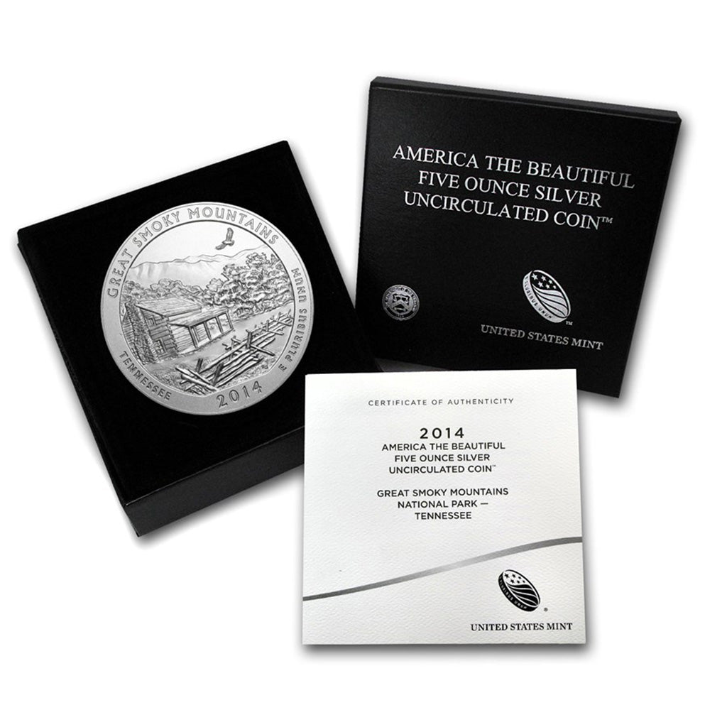2014-P 5 oz Silver America the Beautiful Quarter, Smoky Mtns, (Burnished)