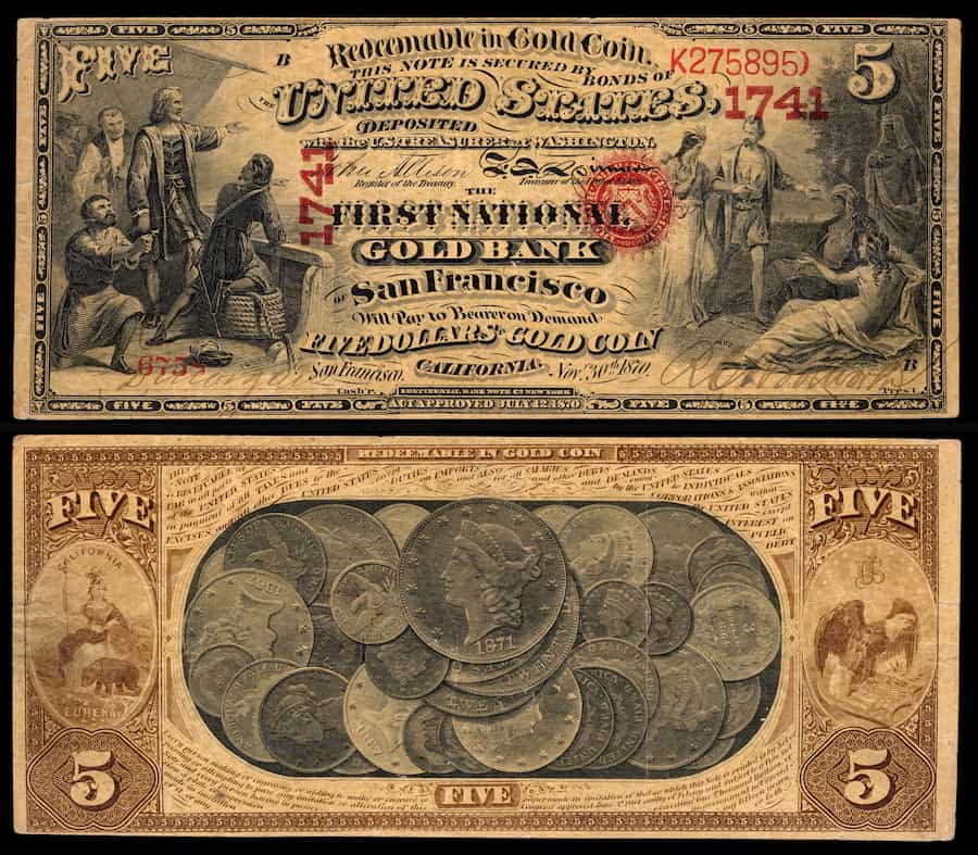 San Francisco, California. 1870 $5 National Gold Bank Note